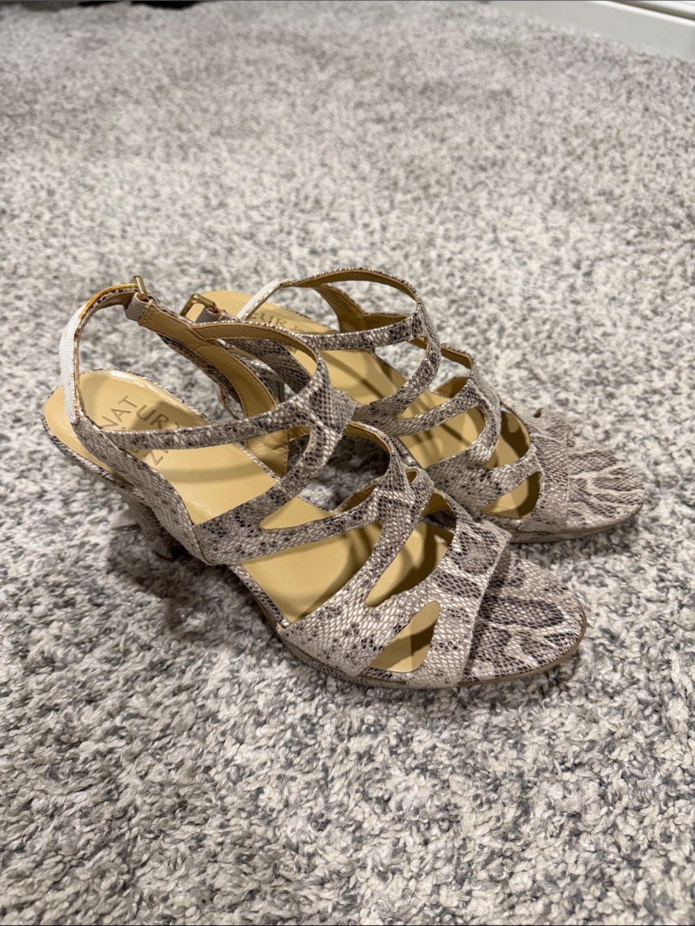 Naturalizer Strappy Snake-Print Heels in Taupe